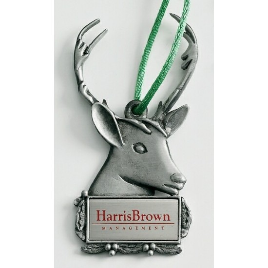 Custom Logo Design Reindeer Cast Ornament w/ Silk Screened Plate