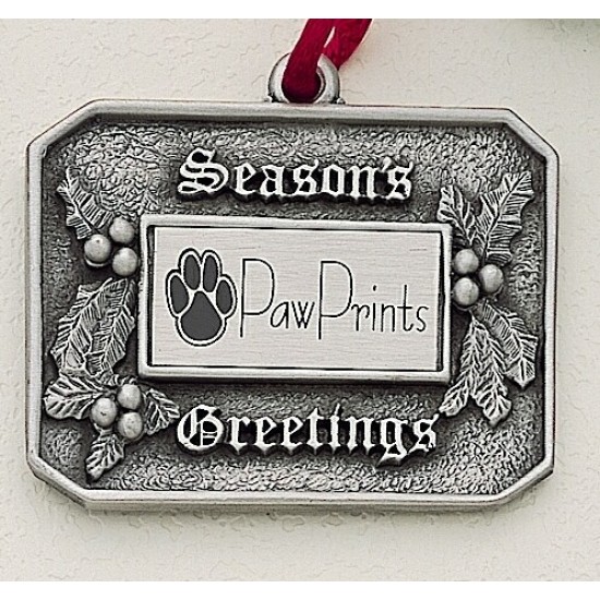 Custom Logo Design Holly Seasons Greetings Cast Ornament w/ Silk Screened Plate